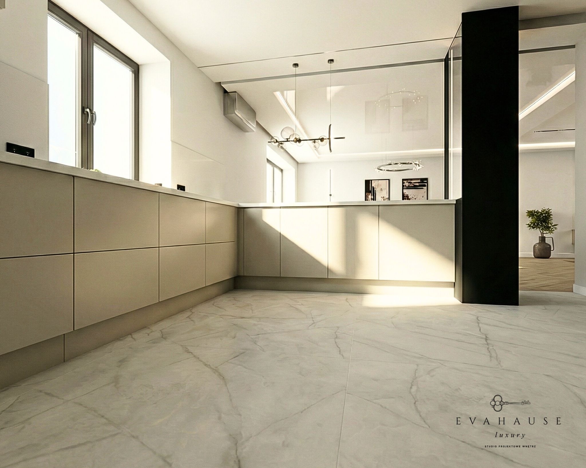 Nowoczesna kuchnia z beżowymi szafkami, marmurową podłogą i minimalistycznym oświetleniem. Widok z poziomu podłogi podkreśla przestronność wnętrza.