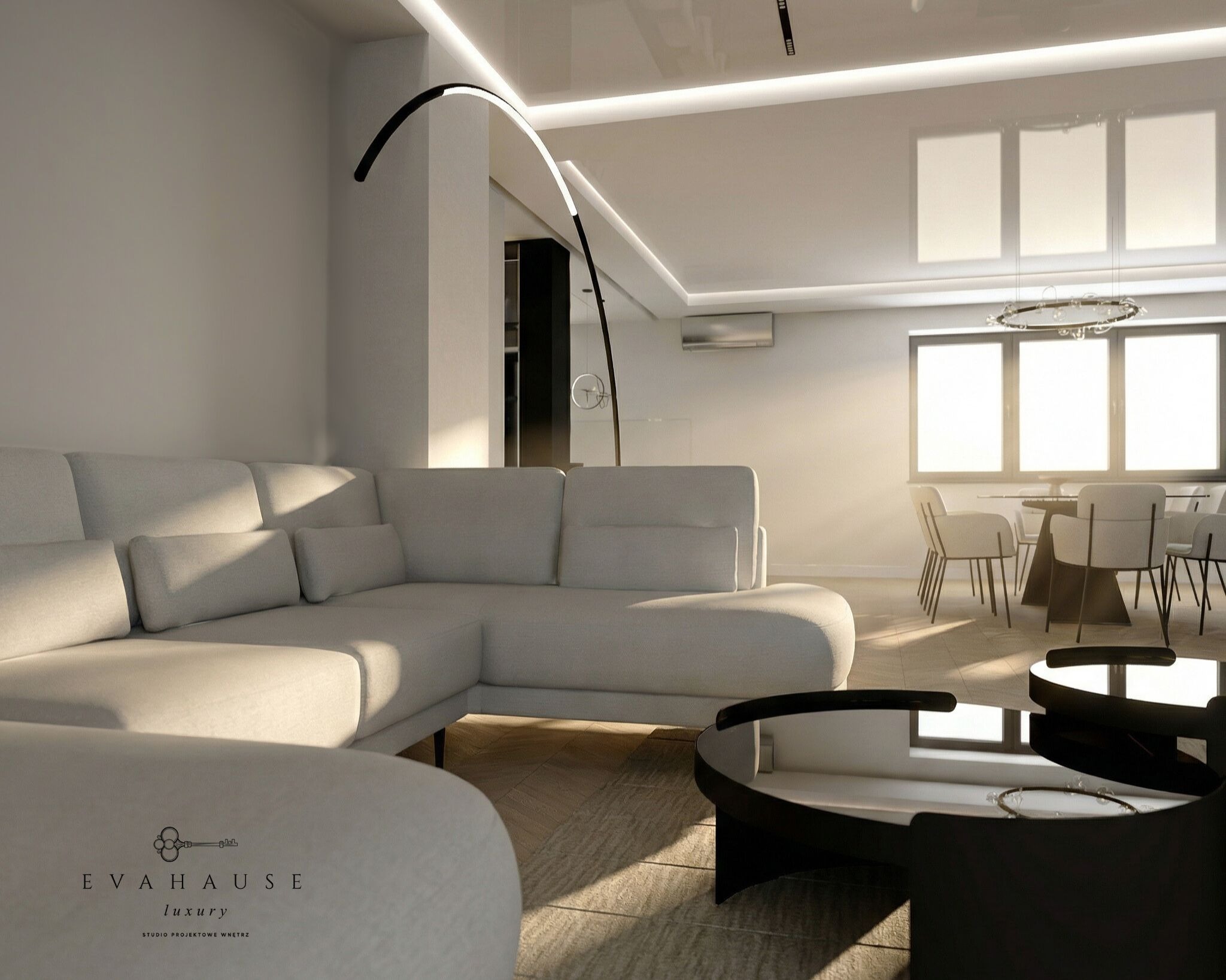 Jasne wnętrze salonu z narożną sofą, okrągłymi stolikami kawowymi i jadalnią w tle. Minimalistyczny design z nowoczesnym oświetleniem i drewnianą podłogą.