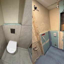 ArturAna - Dwa ujęcia łazienki w trakcie remontu: z lewej zamontowana toaleta, z prawej instalacja wod-kan w ścianie z płyt gipsowych, ściany przygotowane do dalszych prac.