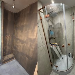 ArturAna - Zdjęcie 'przed i po' prezentujące metamorfozę łazienki: surowe ściany w trakcie przygotowania i gotowa kabina prysznicowa z elementami w kolorze miedzi.