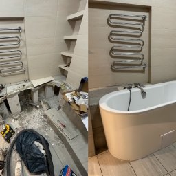 ArturAna - Remont łazienki: widok przed i po. Po lewej demontaż, po prawej nowa wanna, grzejnik drabinkowy i półki wnękowe w beżowych płytkach. Kontrast stanu surowego i wykończonego.