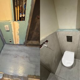 ArturAna - Remont łazienki: porównanie stanu surowego z hydroizolacją i wykończonej, nowoczesnej toalety z szarą płytką i podwieszaną muszlą WC.