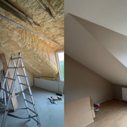 ArturAna - Adaptacja poddasza: izolacja pianą PUR przed malowaniem, widok przed i po. Na drugim planie grzejnik i drewniana podłoga.