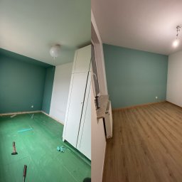 ArturAna - Pokój przed i po ułożeniu paneli podłogowych. Po lewej podkład i narzędzia, po prawej gotowa podłoga. Ściany pomalowane na biało i zielono.