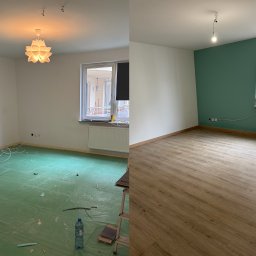 ArturAna - Zdjęcie 'przed i po' przedstawia pokój: po lewej surowy stan z zieloną folią, po prawej wykończony z panelami i pomalowaną na zielono ścianą.