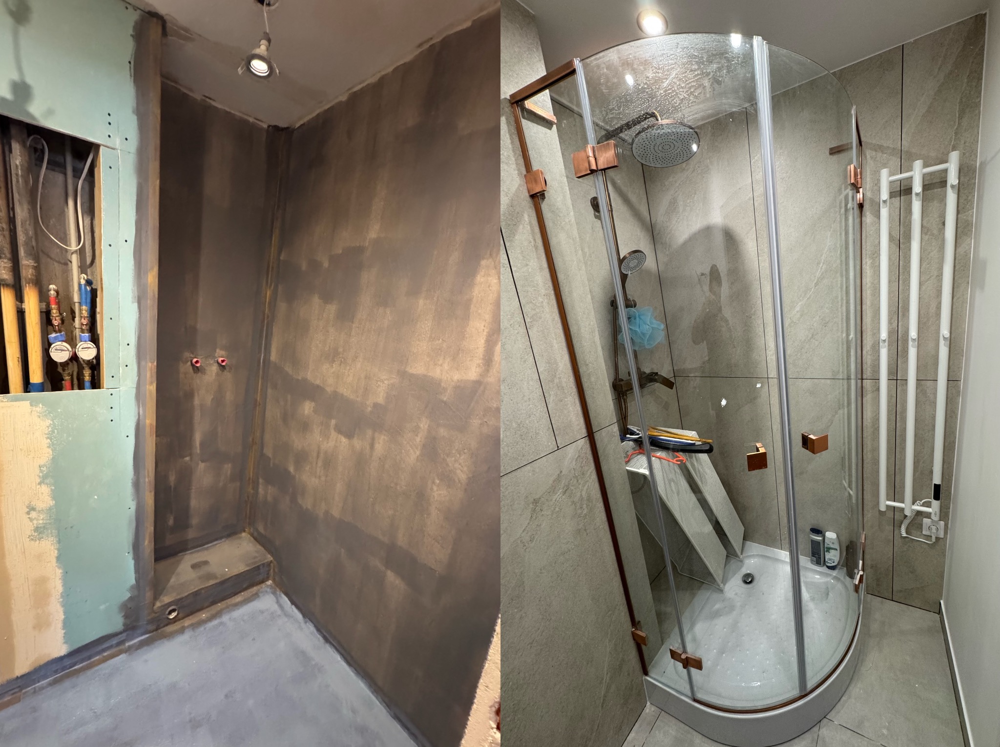 Zdjęcie 'przed i po' prezentujące metamorfozę łazienki: surowe ściany w trakcie przygotowania i gotowa kabina prysznicowa z elementami w kolorze miedzi.