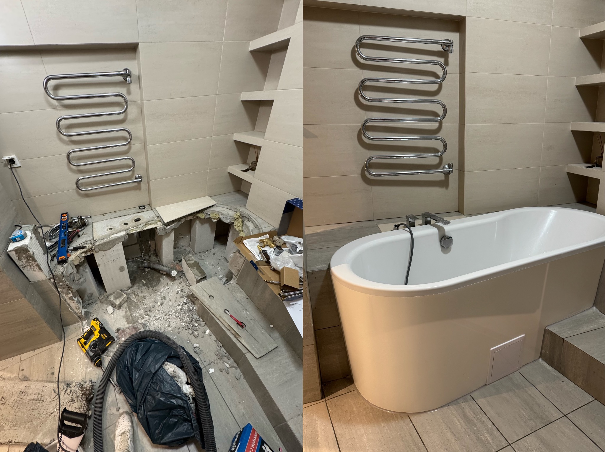 Remont łazienki: widok przed i po. Po lewej demontaż, po prawej nowa wanna, grzejnik drabinkowy i półki wnękowe w beżowych płytkach. Kontrast stanu surowego i wykończonego.