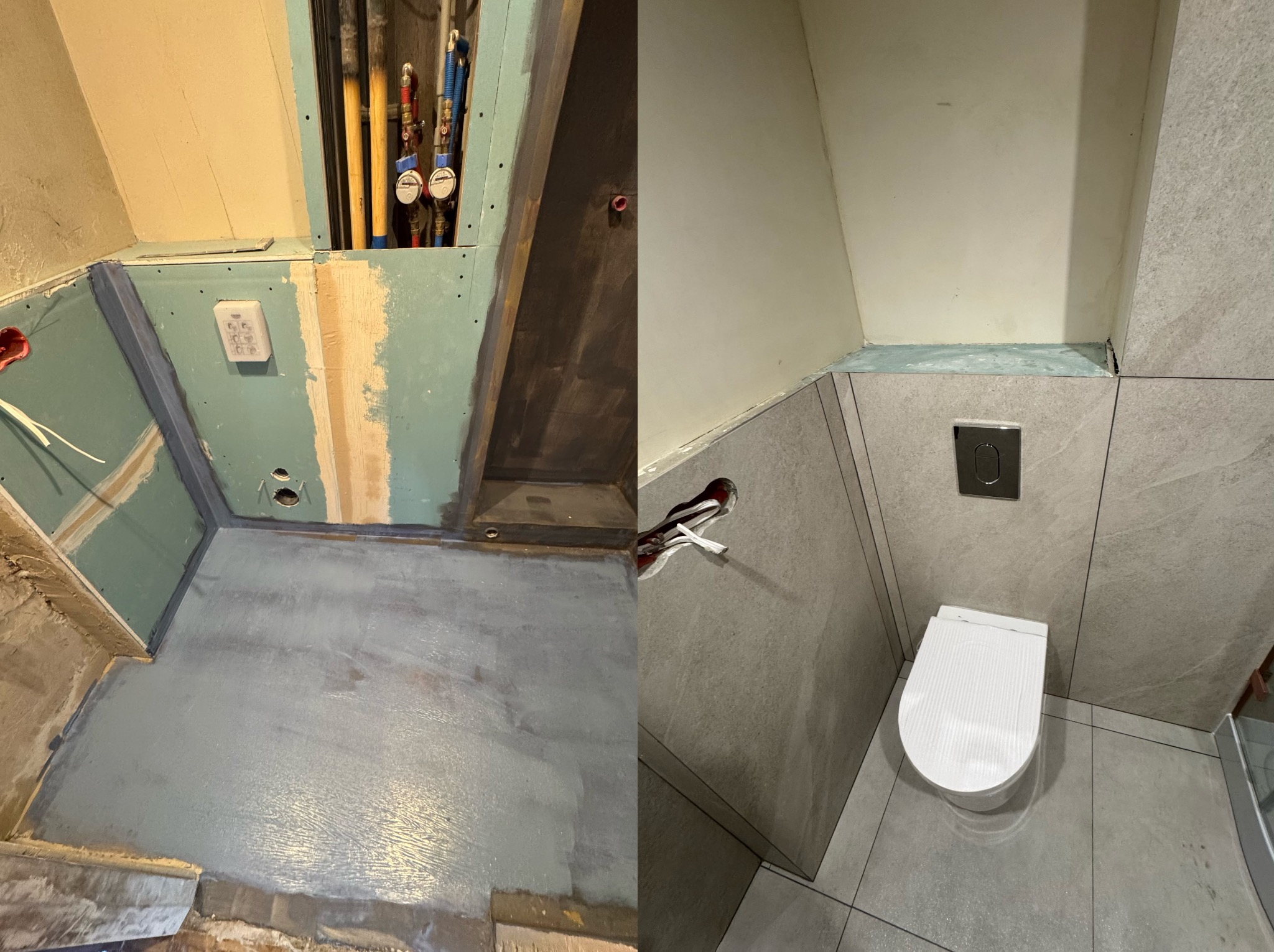 Remont łazienki: porównanie stanu surowego z hydroizolacją i wykończonej, nowoczesnej toalety z szarą płytką i podwieszaną muszlą WC.