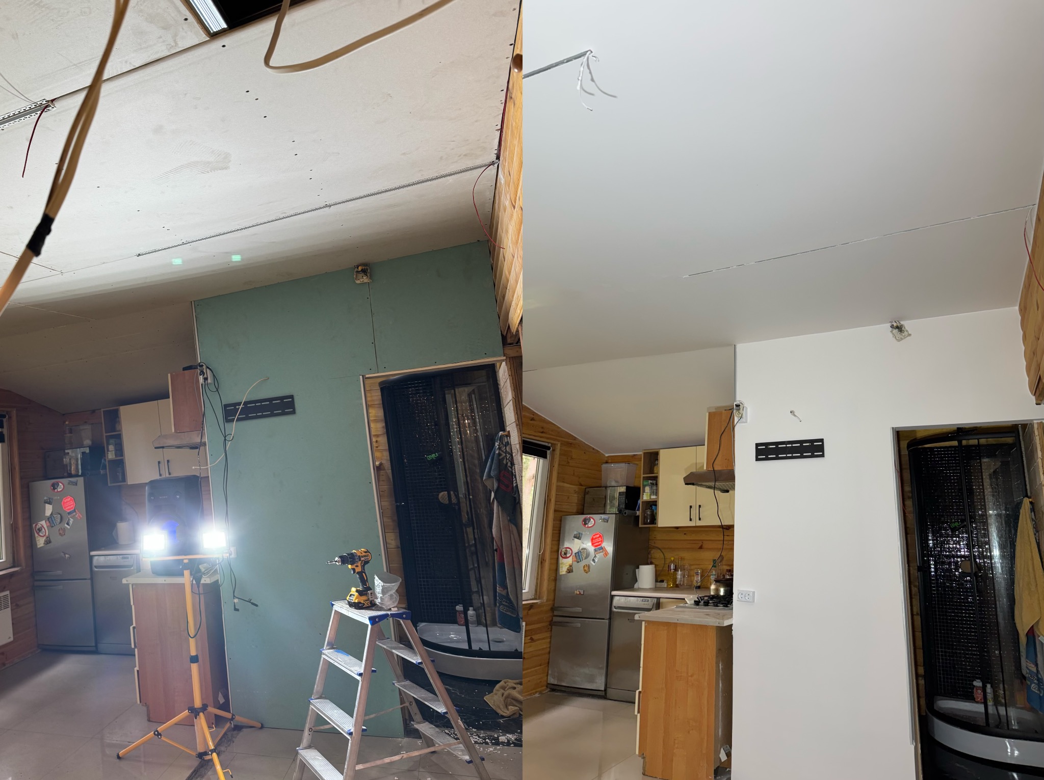 Zdjęcie 'przed i po' remontu kuchni: surowy stan z odsłoniętą instalacją i wykończona, pomalowana kuchnia z zabudową. Widoczne narzędzia i oświetlenie.