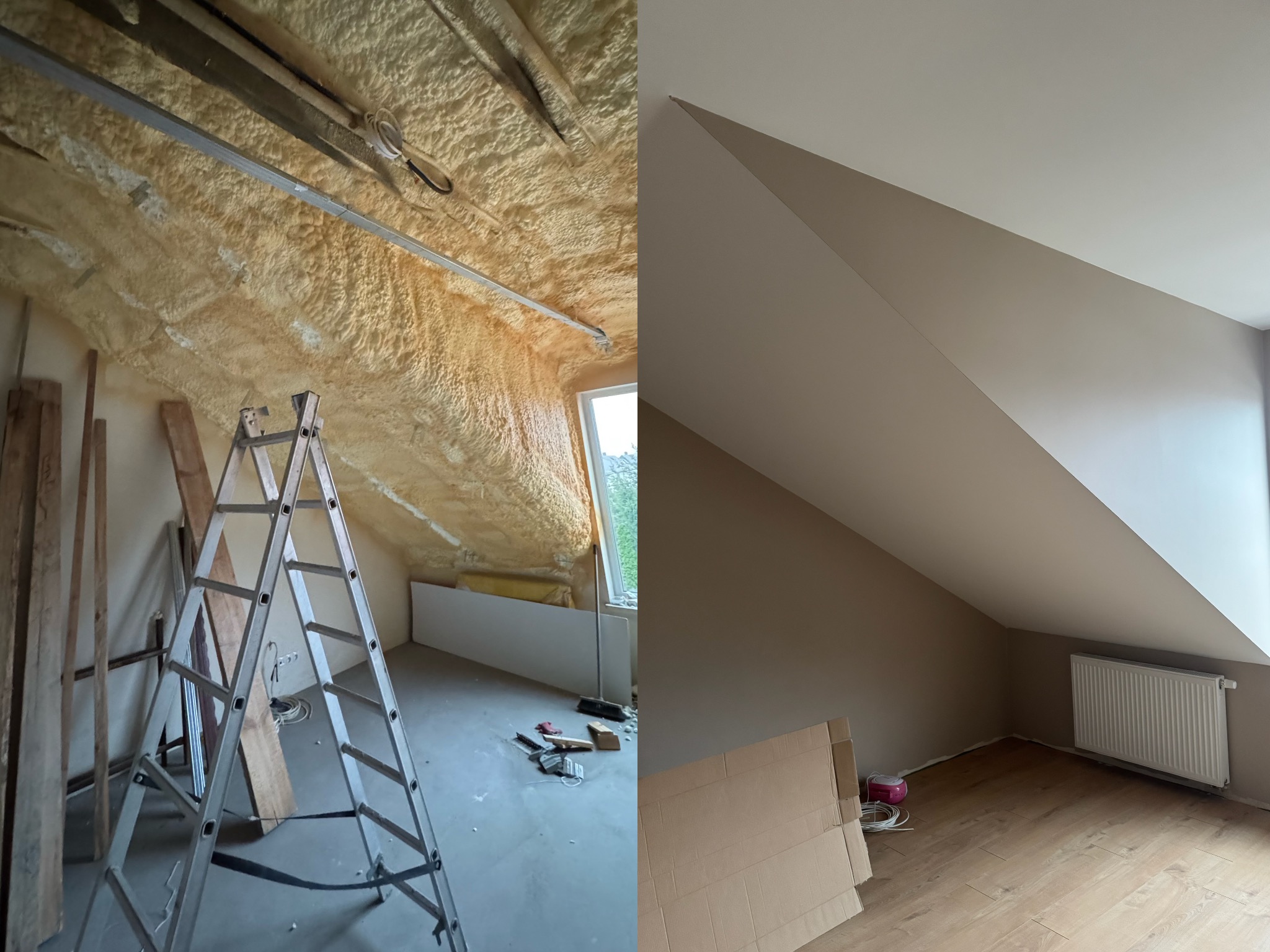 Adaptacja poddasza: izolacja pianą PUR przed malowaniem, widok przed i po. Na drugim planie grzejnik i drewniana podłoga.