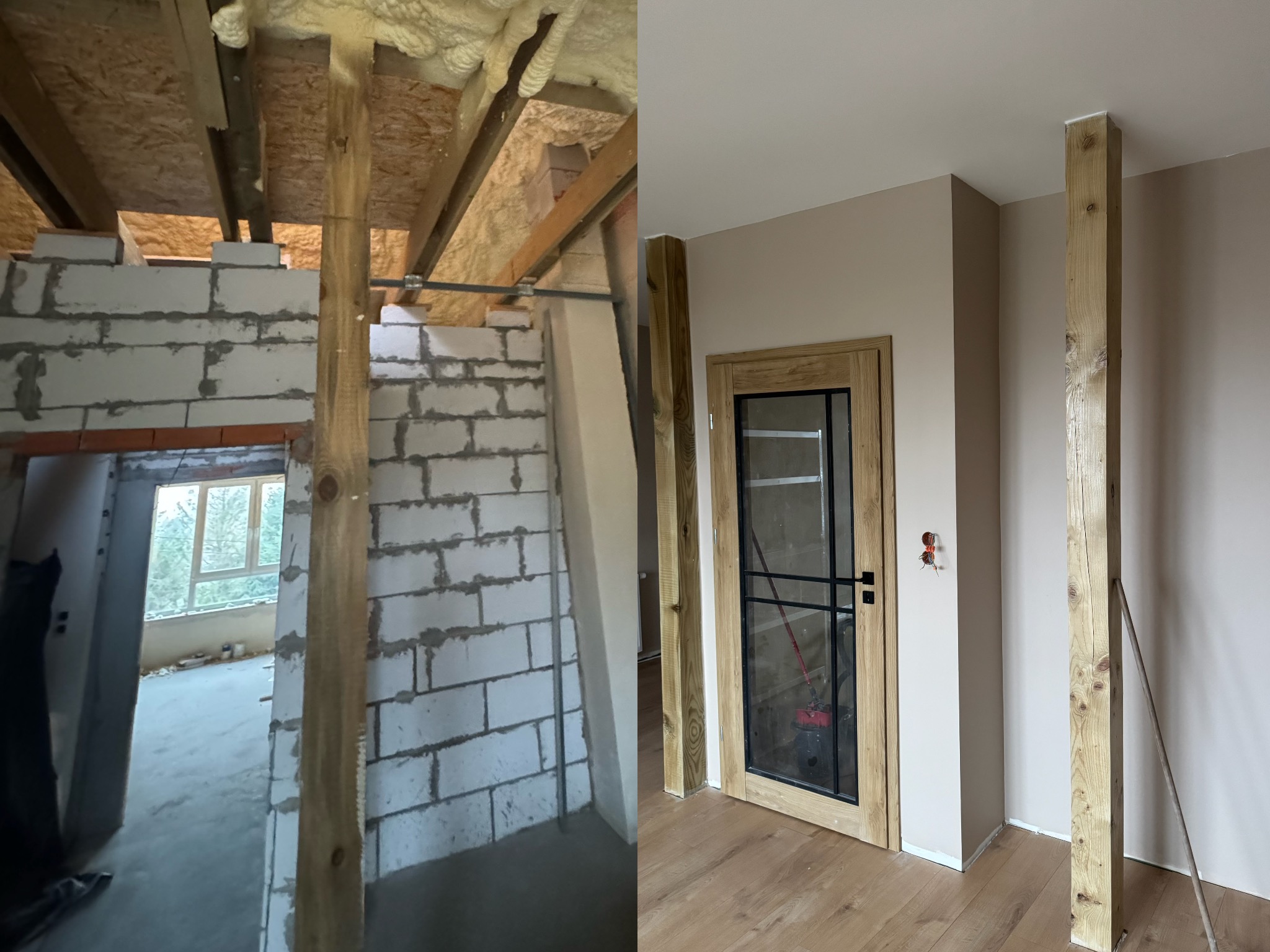 Porównanie stanu surowego i wykończonego wnętrza: ściana z bloczków obok drewnianych drzwi z szybą, drewniana podłoga, beżowe ściany. Widoczne drewniane słupy.
