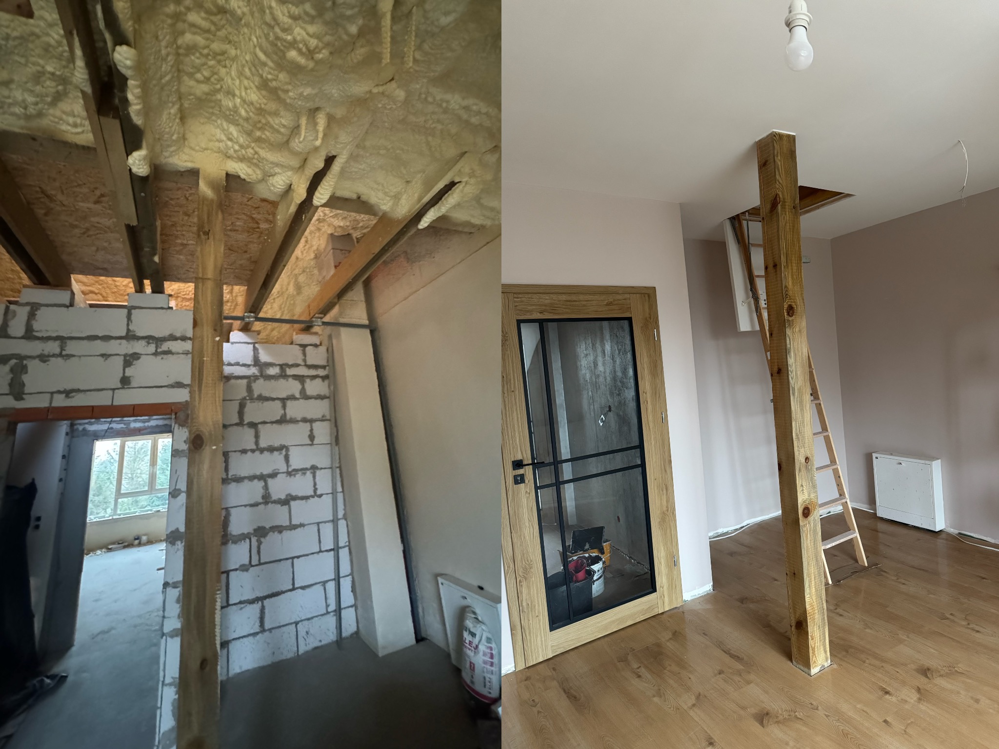 Kadr 'przed i po' prezentujący remont: surowy strop z pianką izolacyjną i bloczkami vs. wykończone wnętrze z drewnianą podłogą, drabiną i oknem.