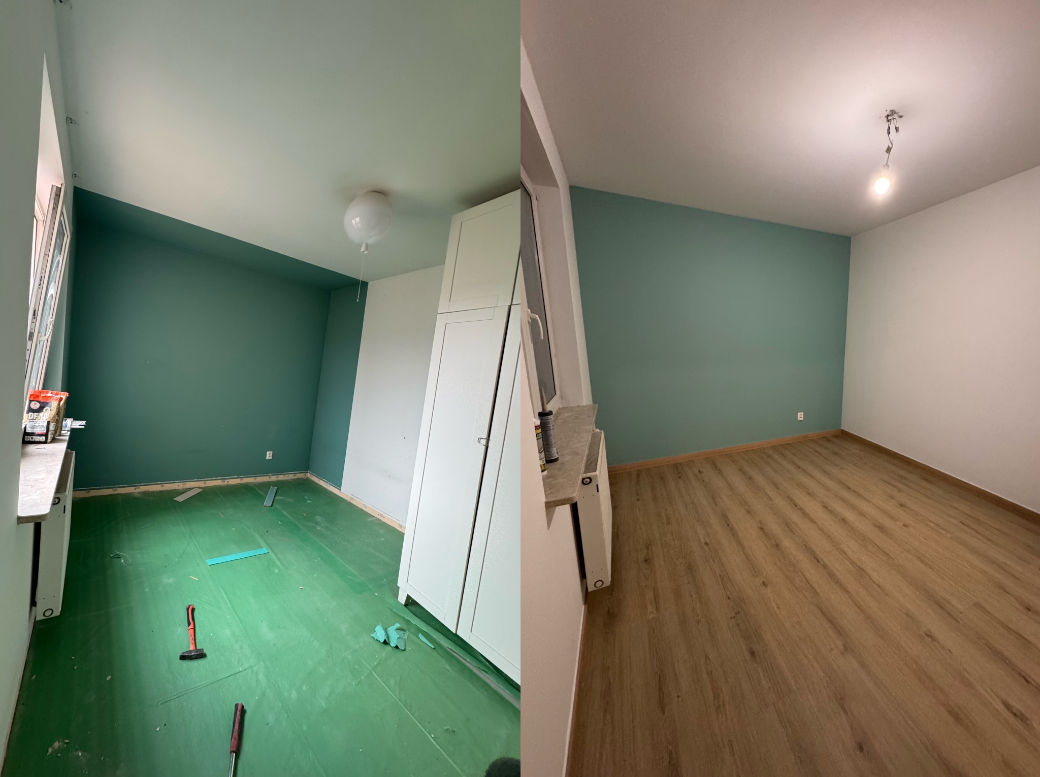 Pokój przed i po ułożeniu paneli podłogowych. Po lewej podkład i narzędzia, po prawej gotowa podłoga. Ściany pomalowane na biało i zielono.