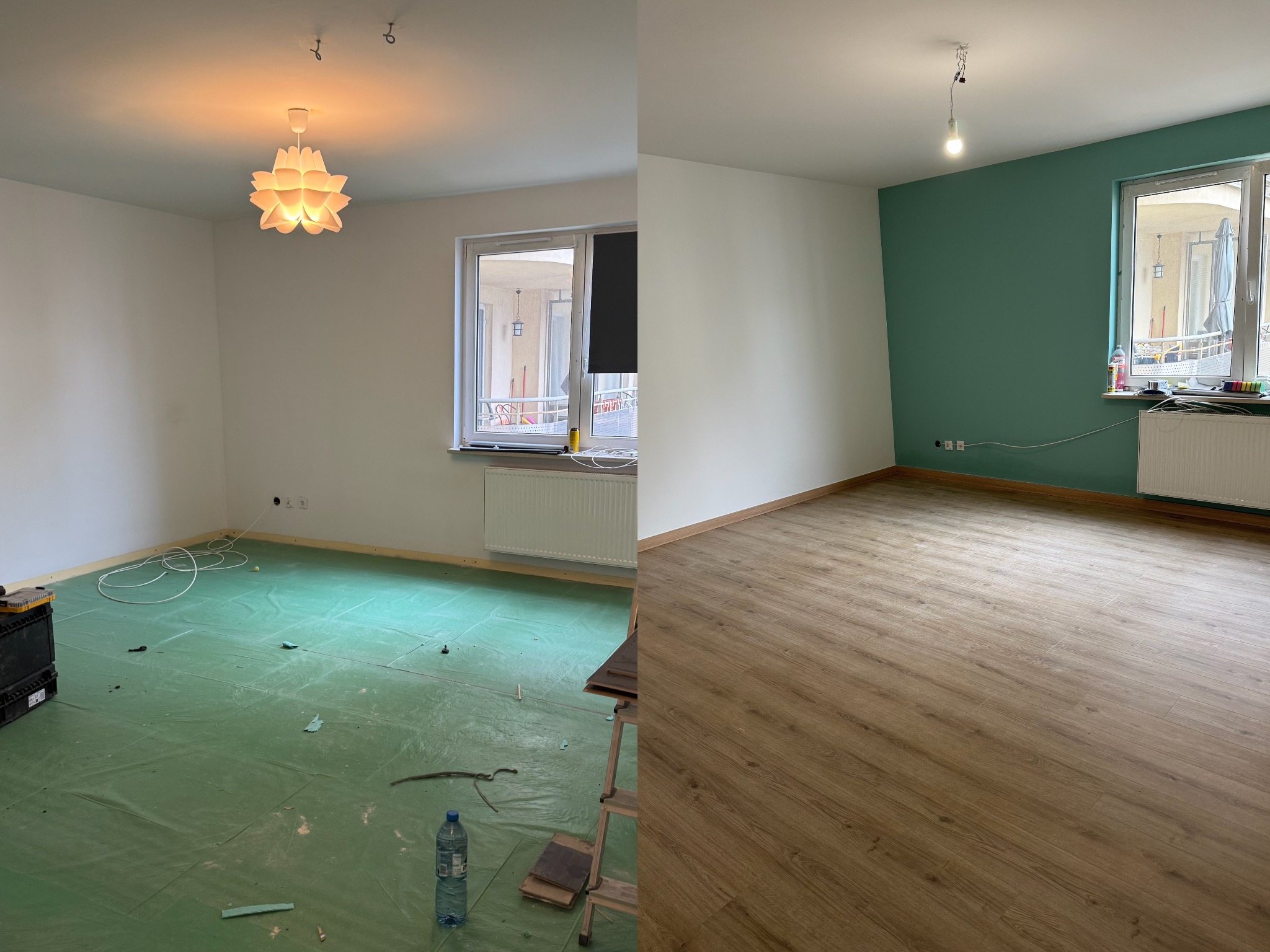 Zdjęcie 'przed i po' przedstawia pokój: po lewej surowy stan z zieloną folią, po prawej wykończony z panelami i pomalowaną na zielono ścianą.