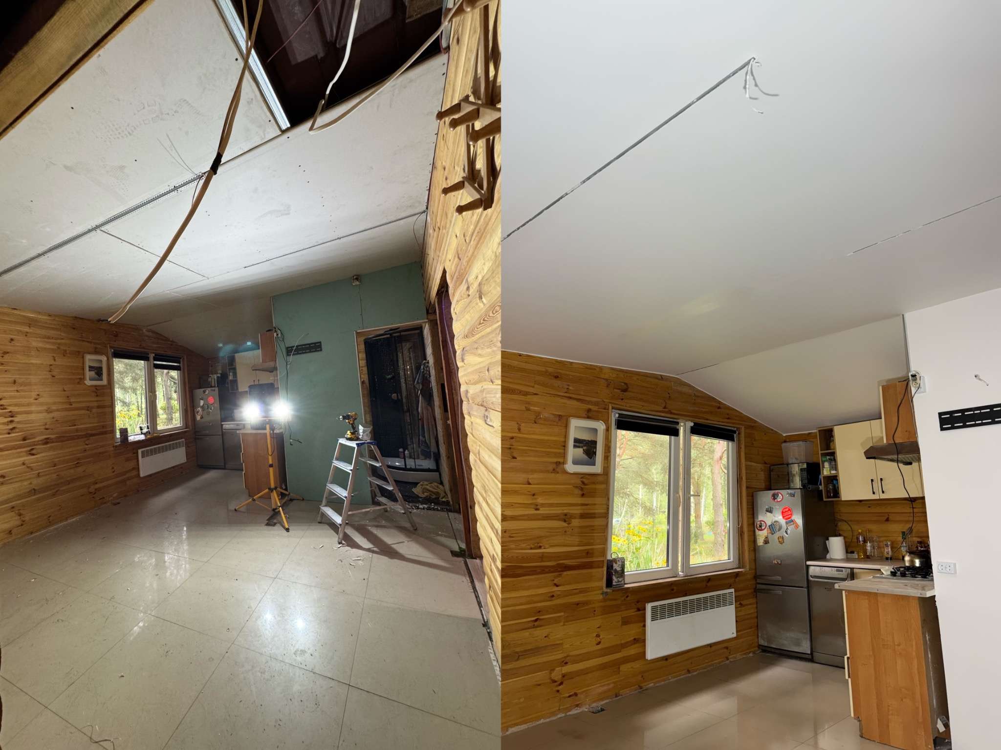 Remont kuchni w domu z bali: widok przed i po montażu sufitu podwieszanego. Po lewej surowy stan, po prawej gładki, biały sufit. Widoczne okno i drewniane ściany.