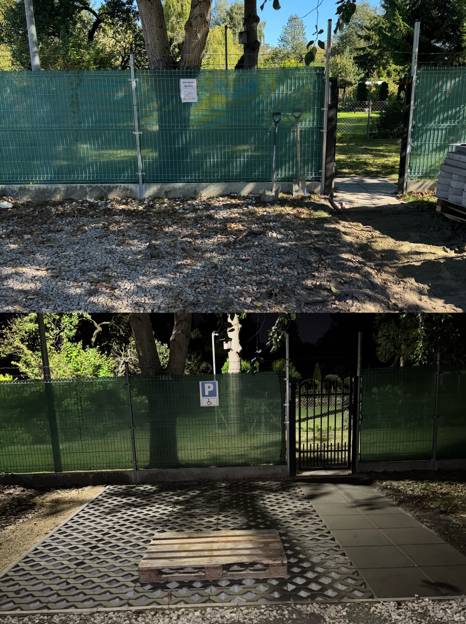 Zdjęcie 'przed i po' przedstawia teren przed i po ułożeniu ażurowych płyt betonowych. W tle widoczne ogrodzenie z siatki i brama.