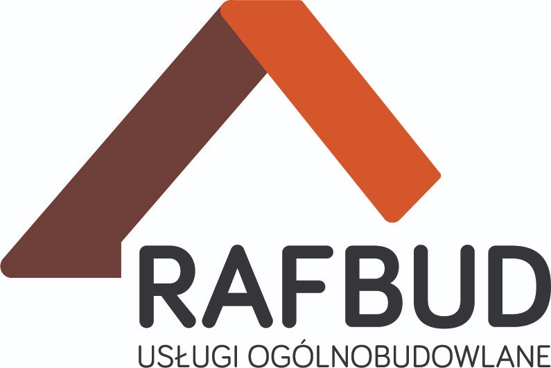 Logo firmy RAFBUD z motywem dachu w kolorach brązowym i pomarańczowym, poniżej nazwa firmy i napis 'Usługi ogólnobudowlane'.