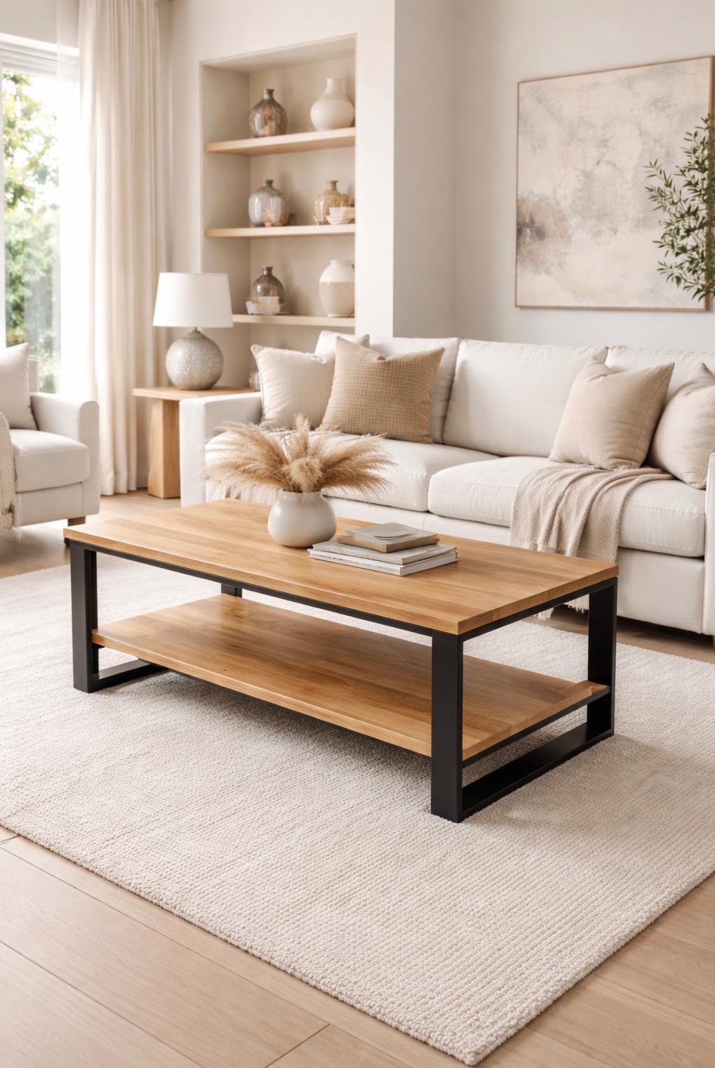 Stylowy stolik kawowy z jasnego drewna i czarnymi metalowymi nogami, na tle jasnego salonu z sofą i dekoracjami. Minimalistyczny design, ciepłe oświetlenie.