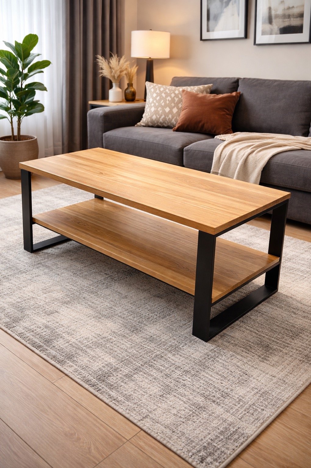 Stylowy stolik kawowy z jasnego drewna z czarnymi metalowymi nogami, na tle szarej sofy i dywanu w salonie. Minimalistyczny design, ciepłe oświetlenie.