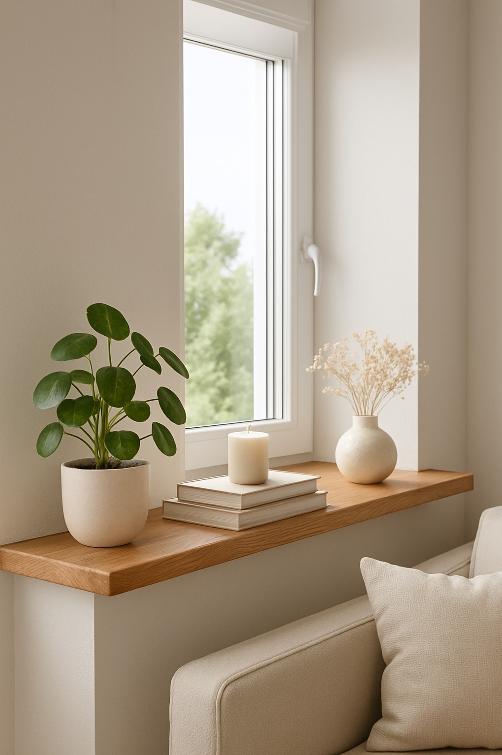 Jasny pokój z drewnianym blatem pod oknem, na którym stoją książki, świeca, roślina w doniczce i wazonik z suszonymi kwiatami. Minimalistyczny design.