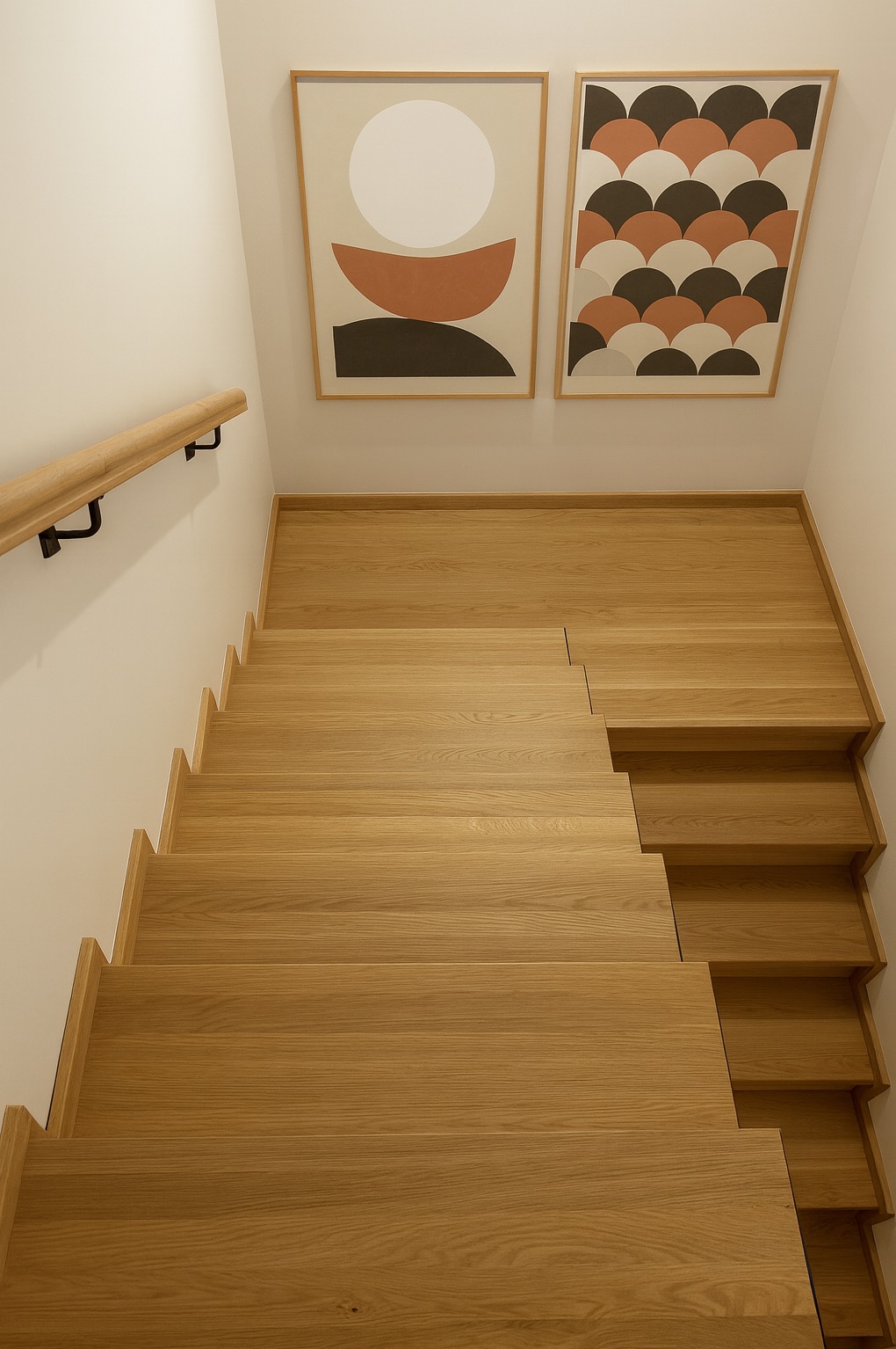Jasne, dębowe schody z minimalistyczną balustradą i dekoracyjnymi obrazami na ścianie. Widok z góry podkreśla naturalny rysunek drewna i nowoczesny design.