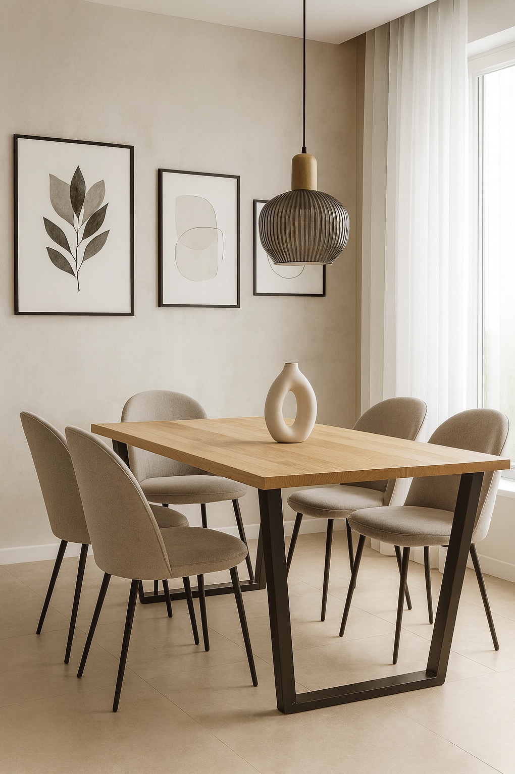Stół z blatem z jasnego drewna i czarnymi nogami w kształcie litery U, otoczony krzesłami w odcieniach beżu. Na blacie wazon z otworem. Minimalistyczne grafiki na ścianie.