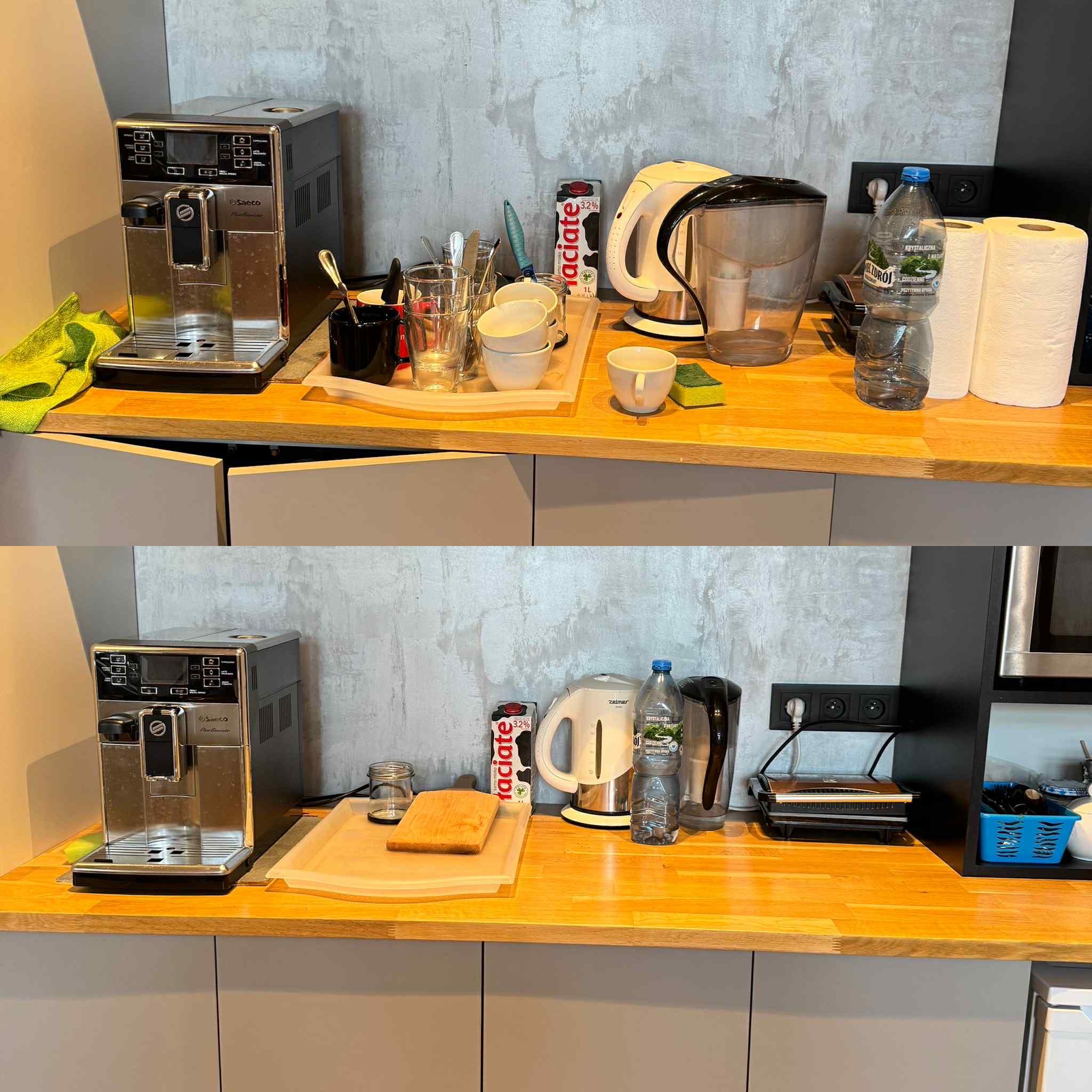 Zdjęcie 'przed i po' czyszczenia blatu kuchennego. Na górze widoczne naczynia i sprzęty przed sprzątaniem, na dole po sprzątaniu. Blat drewniany, szafki szare.