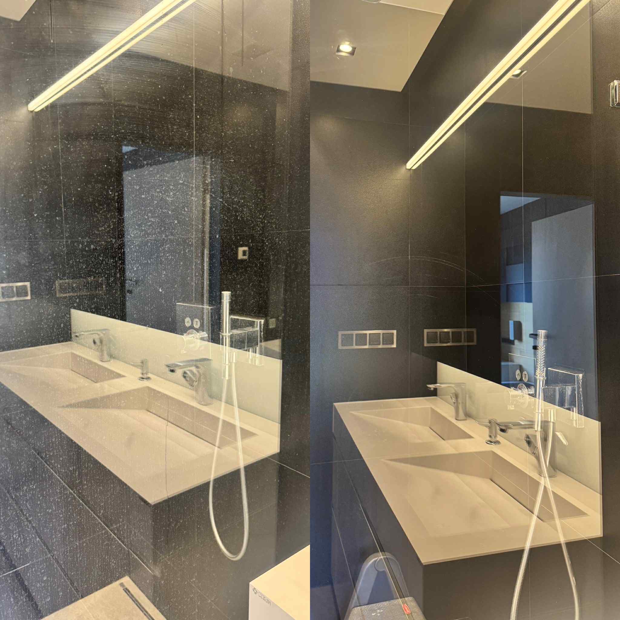 Efekt czyszczenia kabiny prysznicowej: po lewej stronie brudna szyba, po prawej idealnie czysta. Widoczna umywalka i bateria w nowoczesnej łazience z czarnymi płytkami.