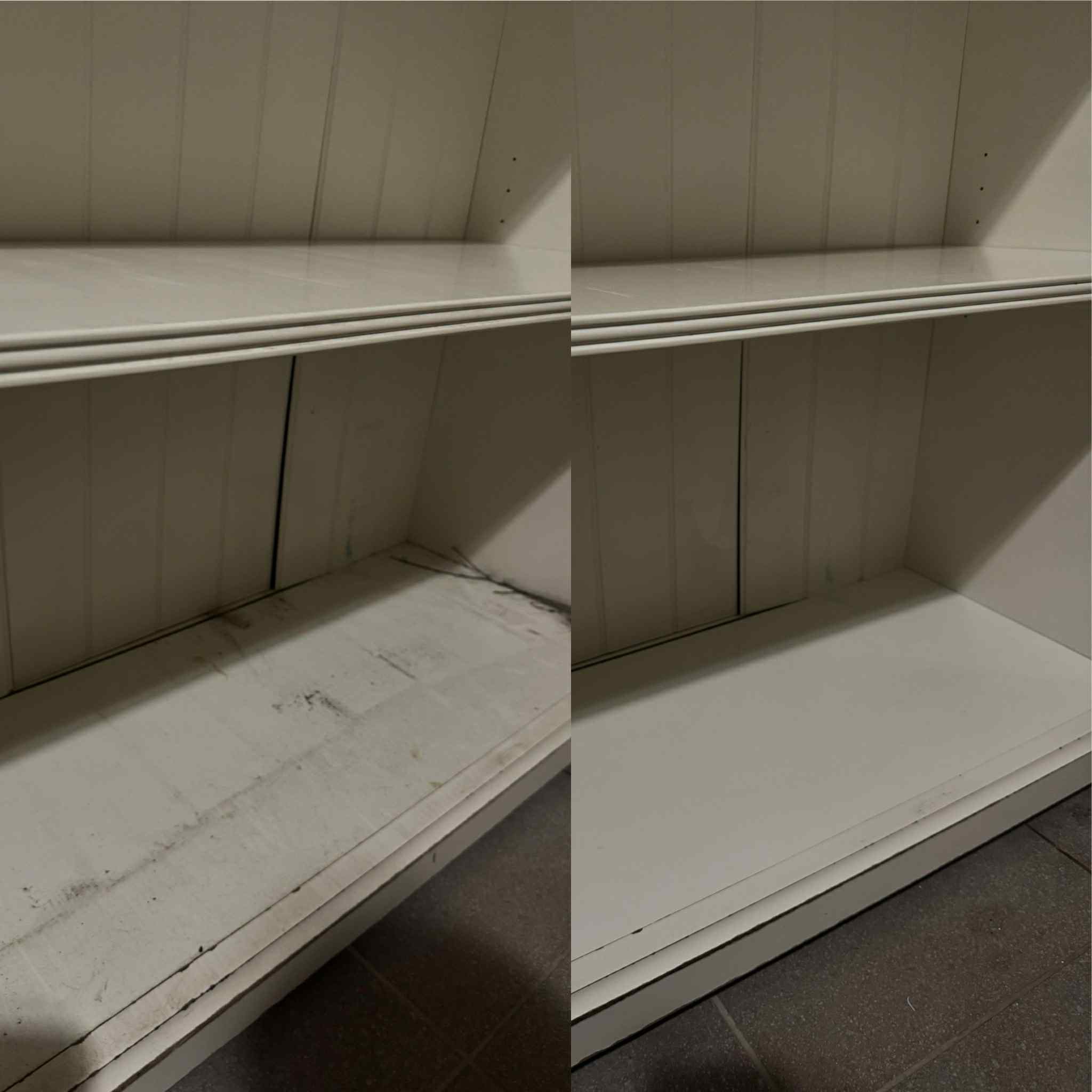 Zdjęcie typu 'przed i po' przedstawia wnętrze białej półki. Po lewej stronie widoczny brud i zabrudzenia, po prawej czysta powierzchnia. Ukazuje efekt sprzątania.