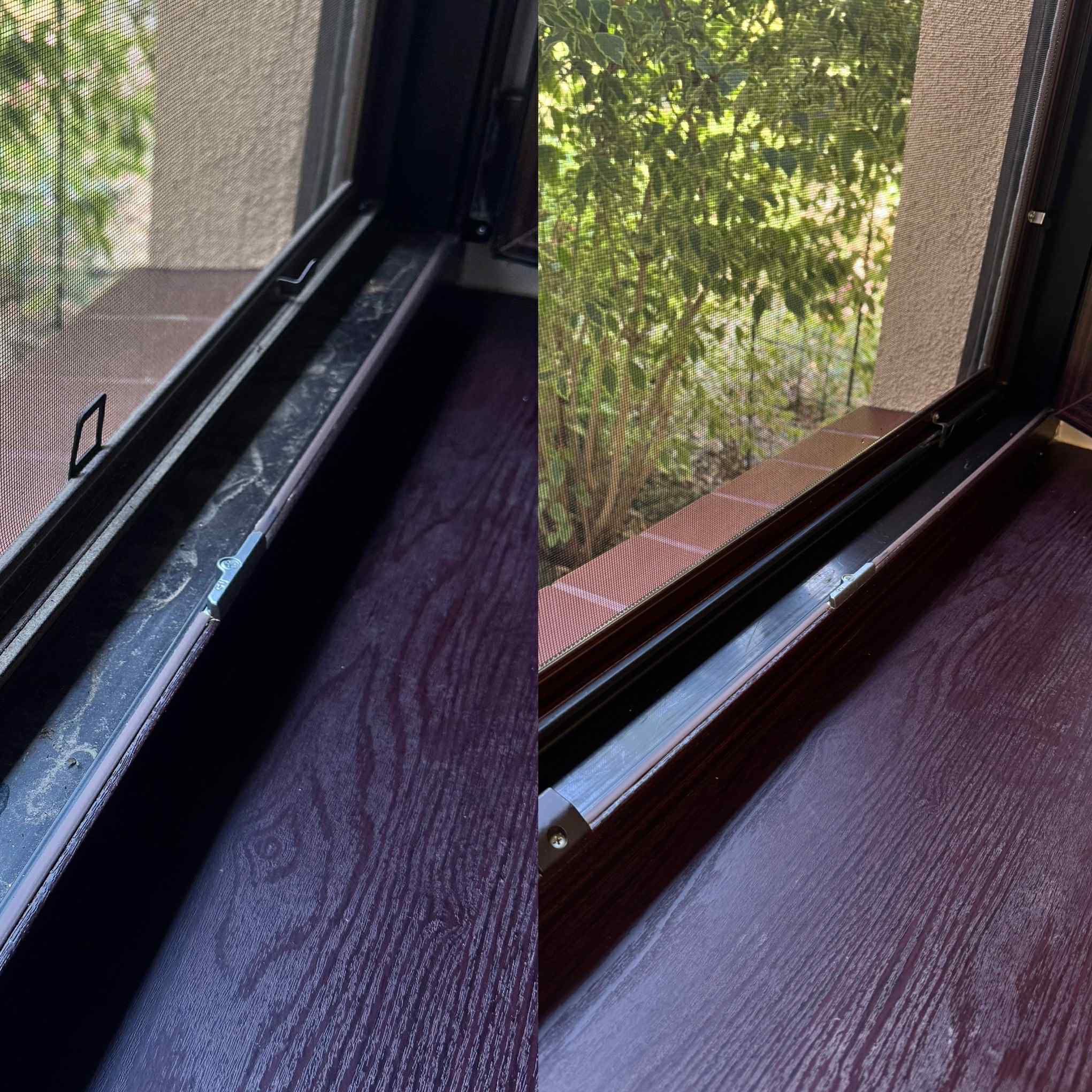 Zdjęcie okna przed i po czyszczeniu. Po lewej brudne, po prawej czyste. Widoczna siatka okienna i parapet. Ujęcie z góry.