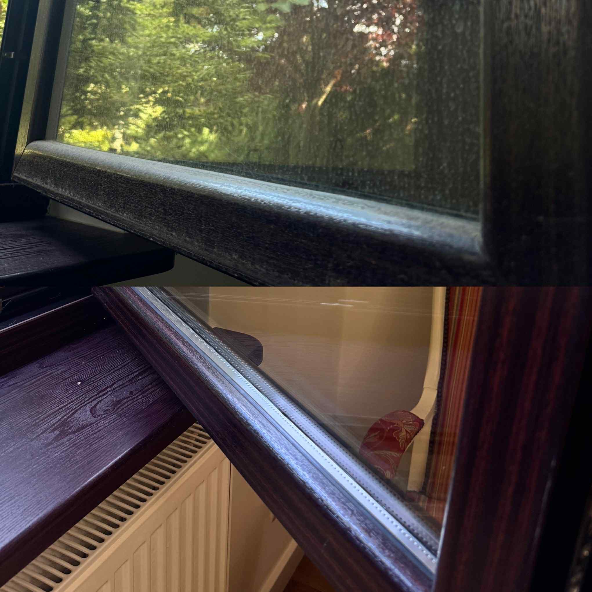 Okno przed i po umyciu, widoczne zabrudzenia na górnej części i czysta szyba na dole, zarys grzejnika i zasłon w tle.