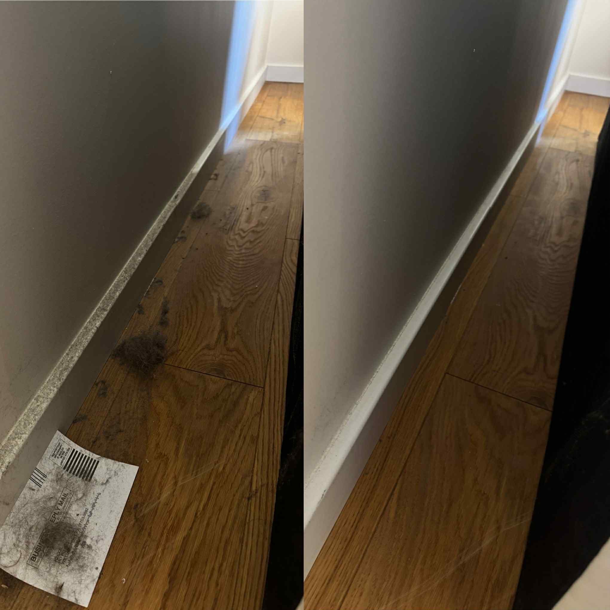 Zdjęcie typu 'przed i po' prezentujące drewnianą podłogę przy ścianie. Po lewej: kurz i śmieci, w tym list. Po prawej: czysta podłoga i listwa przypodłogowa.