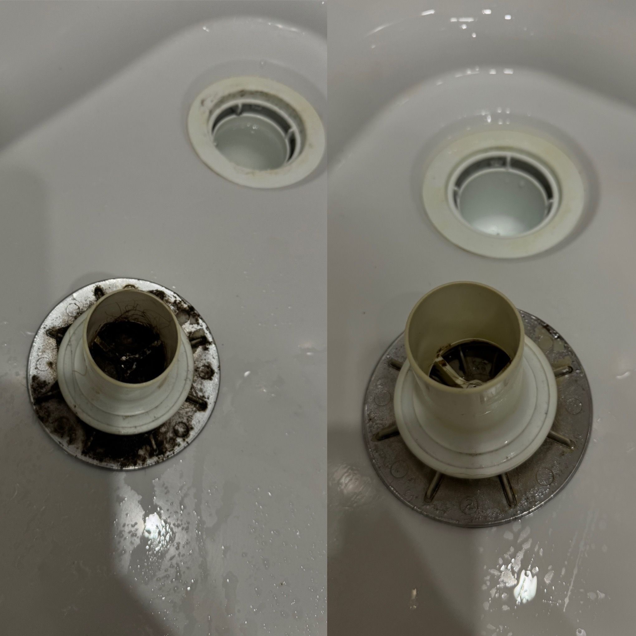 Ujęcie 'przed i po' czyszczenia odpływu umywalki. Po lewej: brudny odpływ z resztkami. Po prawej: czysty, błyszczący odpływ, bez zanieczyszczeń. Widoczne krople wody.