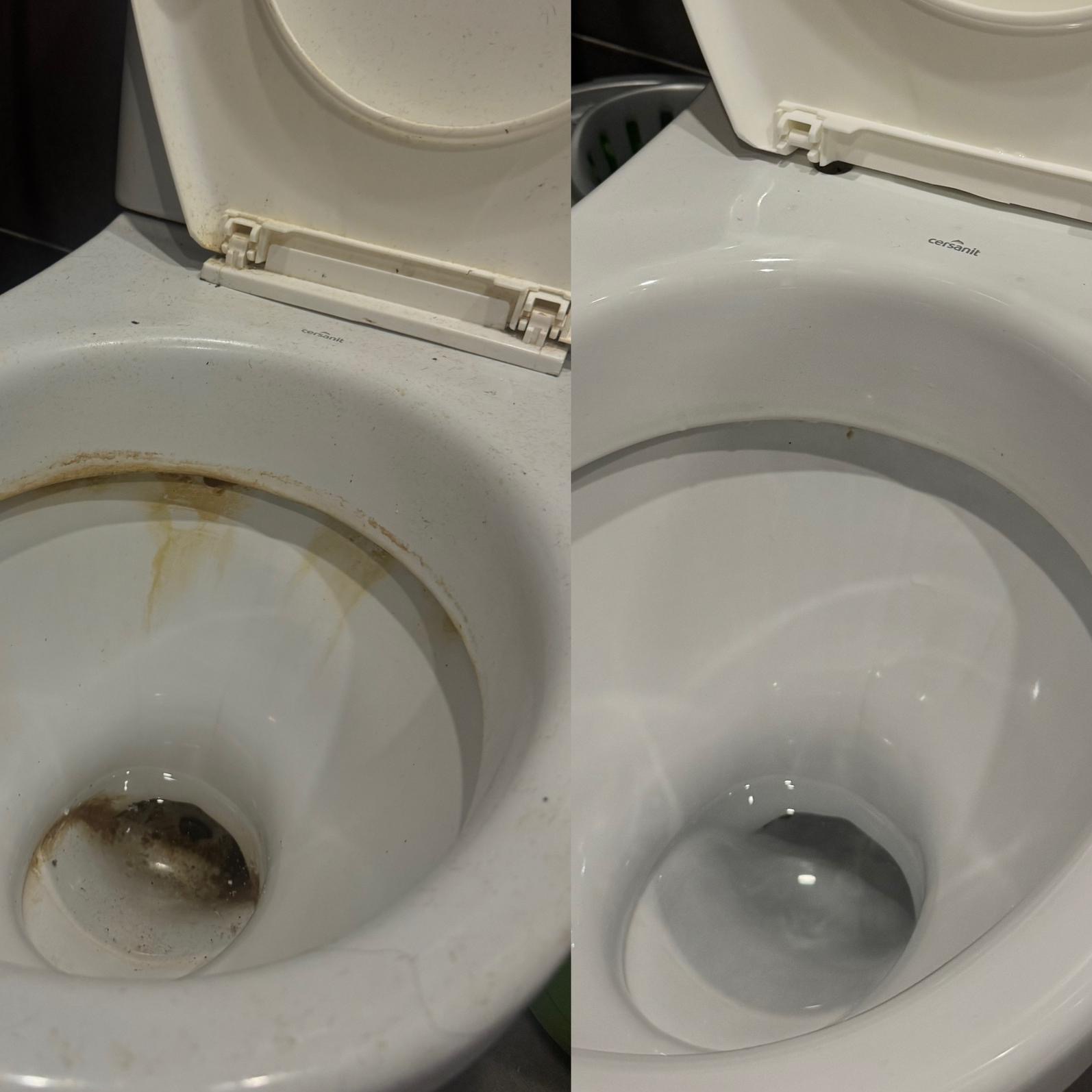 Toaleta 'przed' z osadami i 'po' czyszczeniu, ukazująca efekt sprzątania. Widoczne detale, jak czysta ceramika i brak zabrudzeń po prawej stronie.