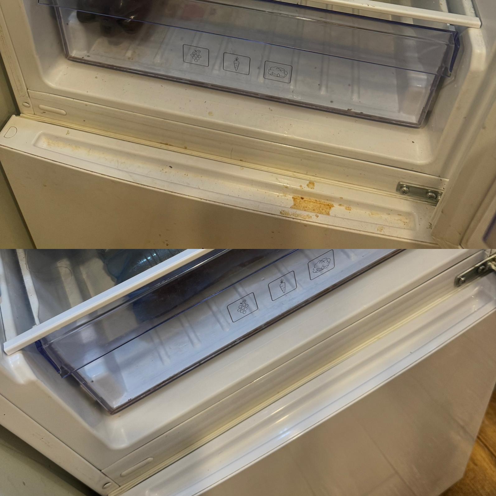Zdjęcie przed i po czyszczeniu półki w lodówce. Górna część zabrudzona, dolna czysta. Widoczne pojemniki na warzywa z ikonami.