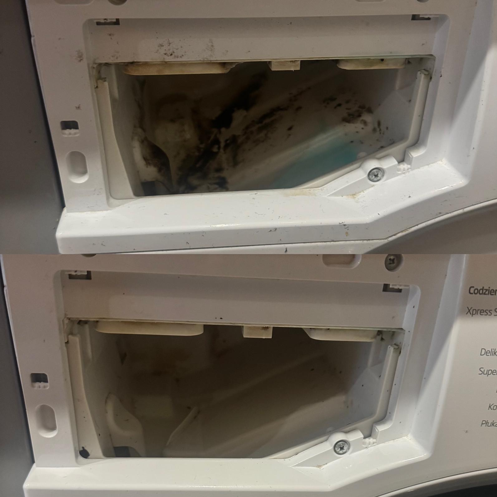 Zdjęcie 'przed i po' przedstawia szufladę na detergent w pralce: brudna, z pleśnią i czysta, po umyciu. Widoczne ślady użytkowania na pralce.