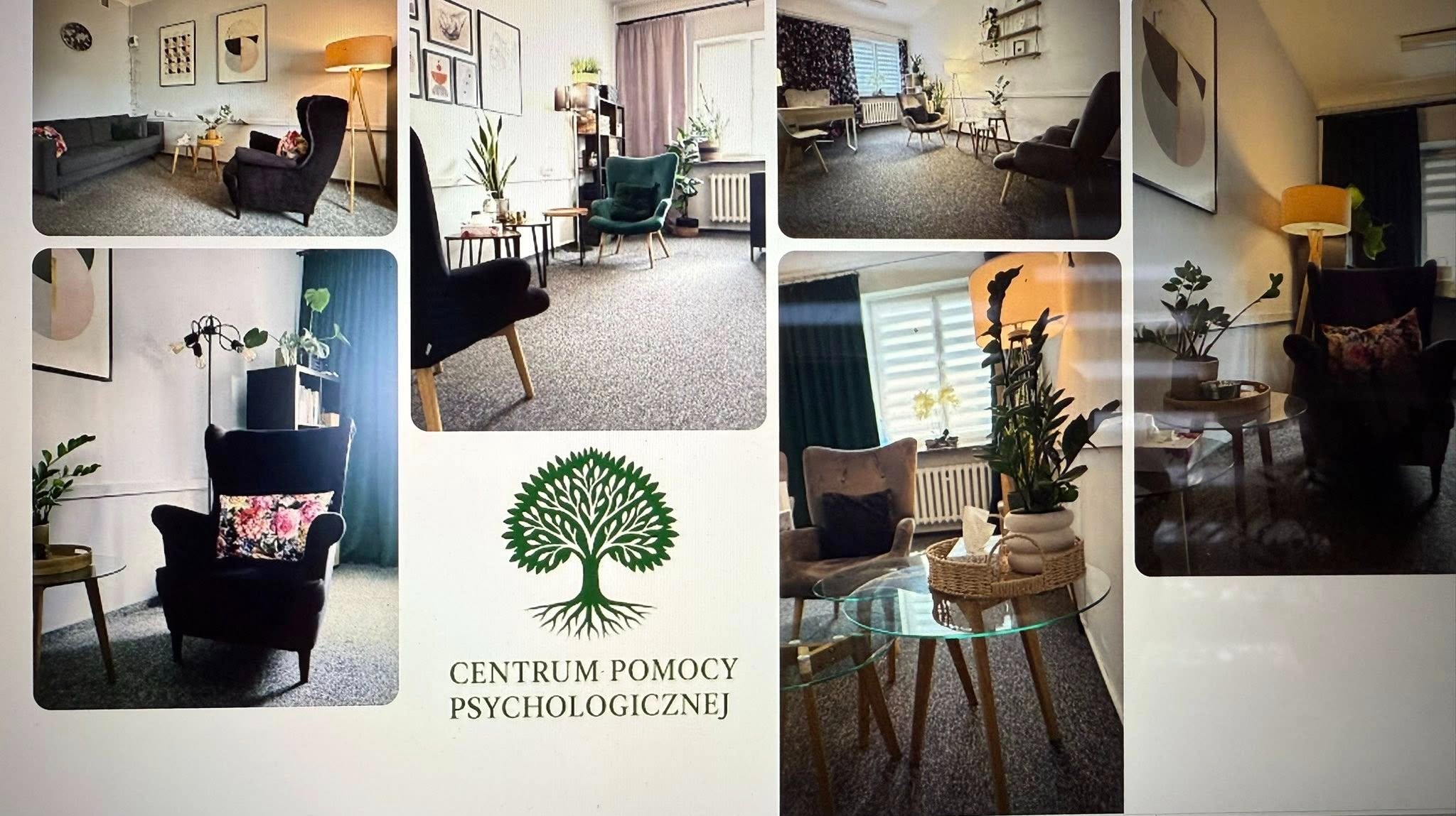 Kolaż zdjęć z gabinetu terapeutycznego: przytulne fotele, rośliny doniczkowe i logo 'Centrum Pomocy Psychologicznej'. Ciepłe oświetlenie, stonowana kolorystyka.