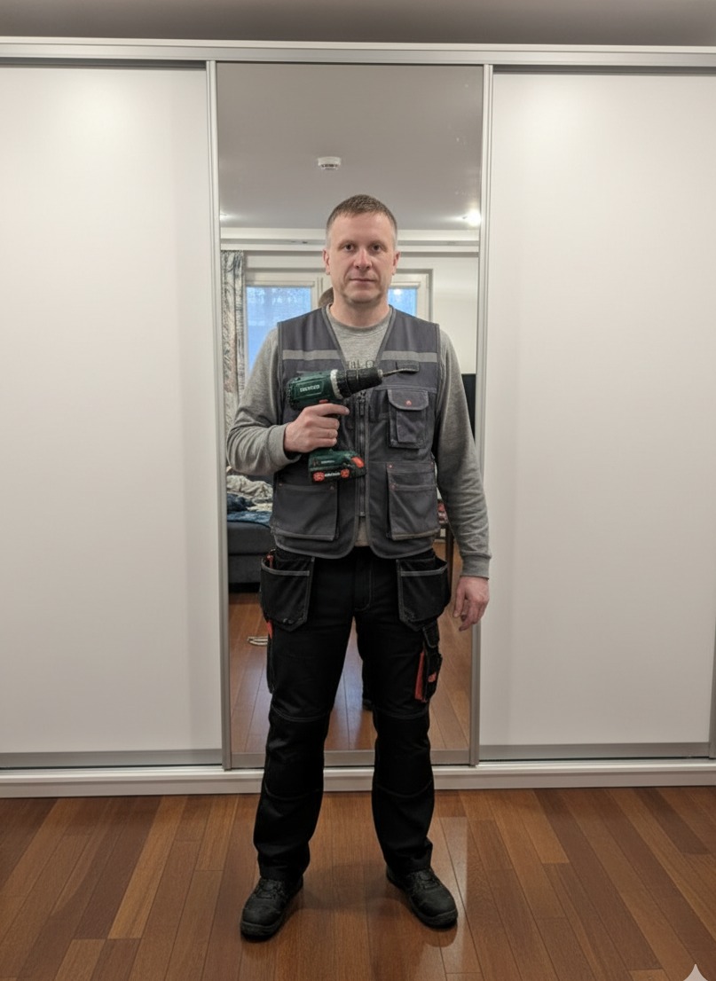 Mężczyzna w kamizelce narzędziowej trzyma wiertarkę na tle szafy przesuwnej z lustrzanymi drzwiami i parkietu. Widok centralny, oświetlenie dzienne.