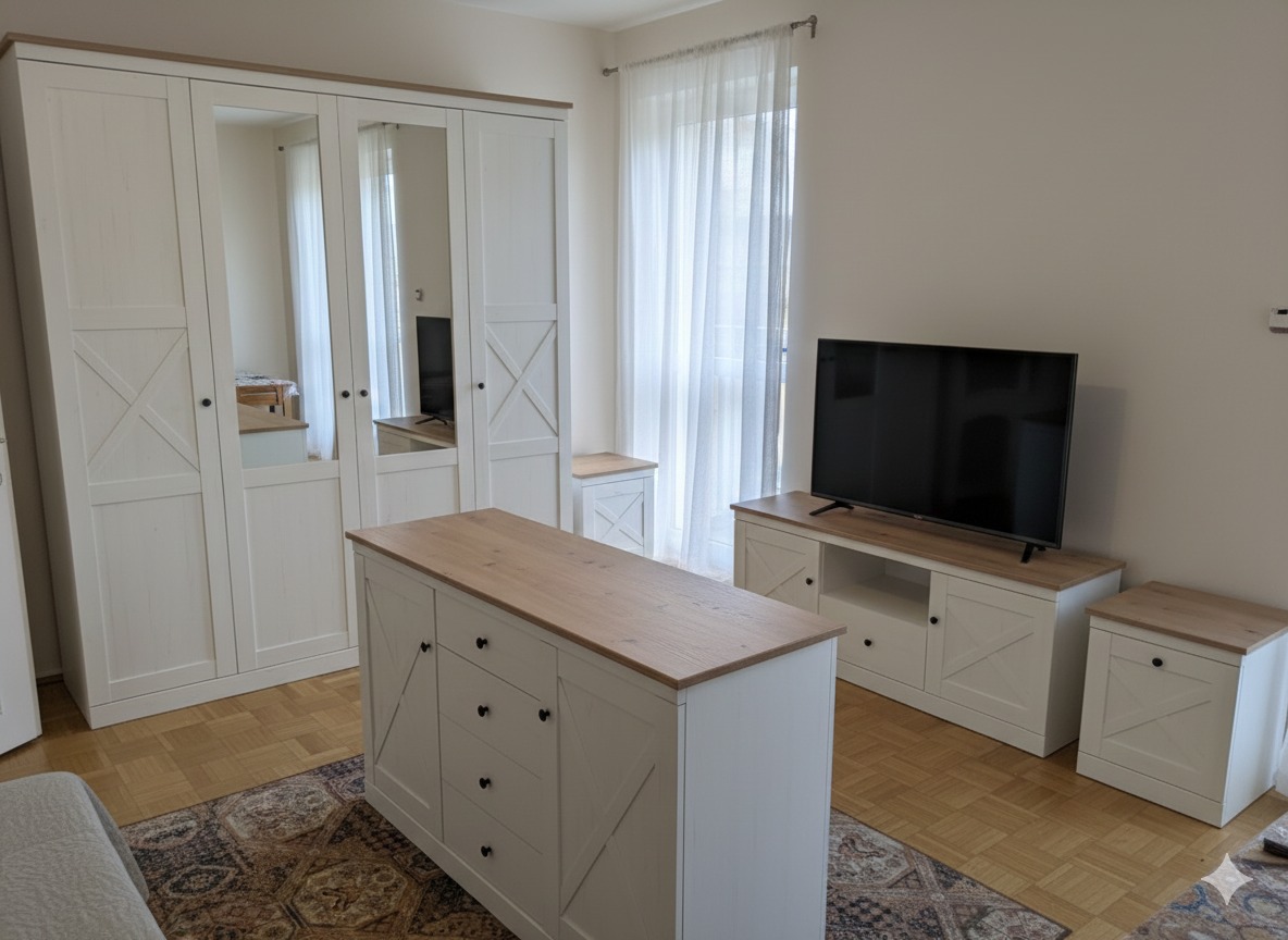 Jasne, drewniane meble w stylu rustykalnym: szafa z lustrami, komoda, szafka RTV i nocna, na tle okna z firaną. Ułożone na dywanie z wzorem orientalnym.