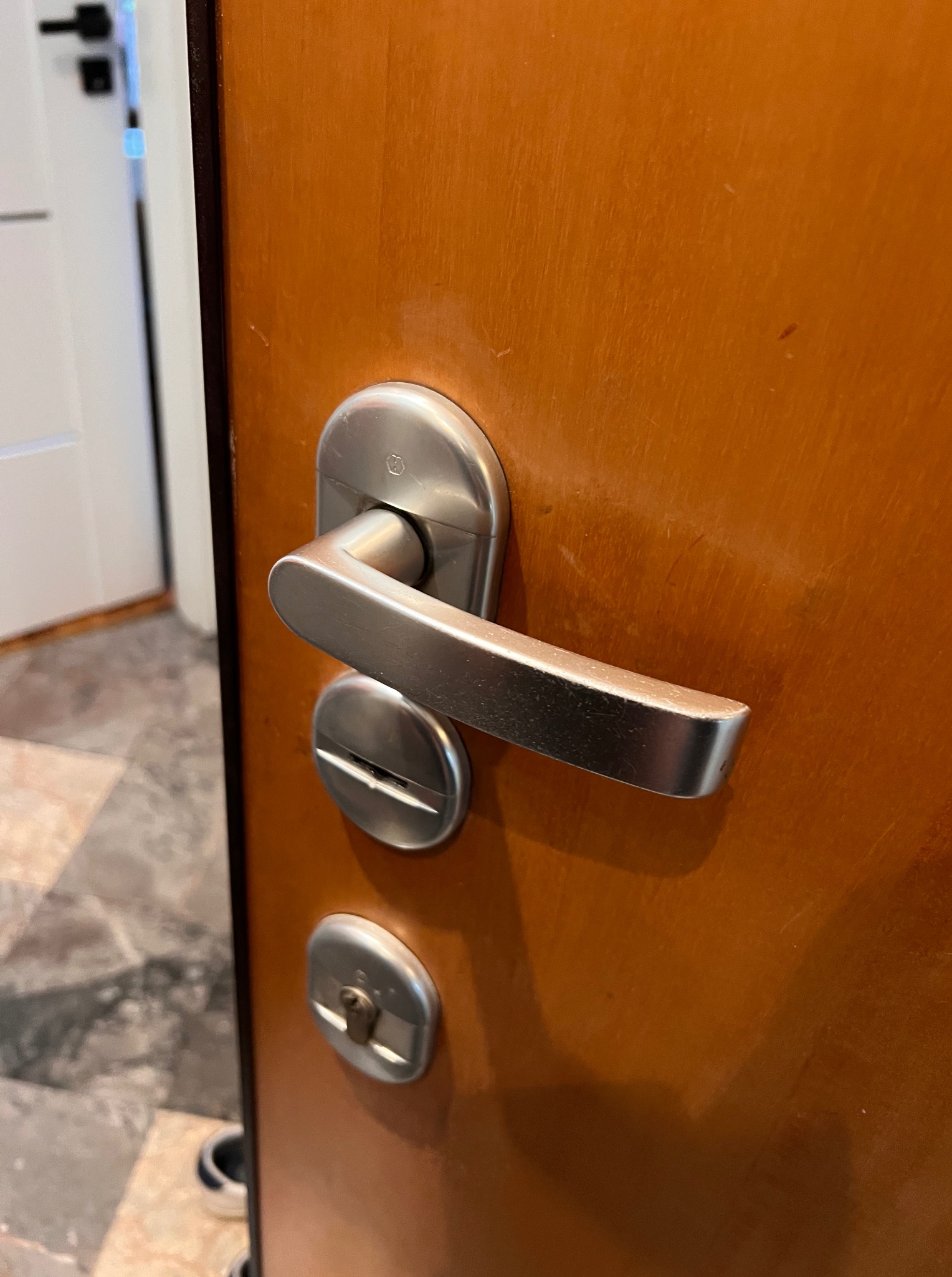 Brązowe drzwi z zamontowaną, srebrną klamką i zamkami. Widoczny fragment podłogi i drzwi w tle. Ujęcie z bliska, skupione na detalach.