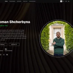 Strona internetowa programisty Romana Shcherbyny. Widoczny portret programisty na tle zieleni, dane kontaktowe i opis doświadczenia zawodowego. Ciemna kolorystyka strony.