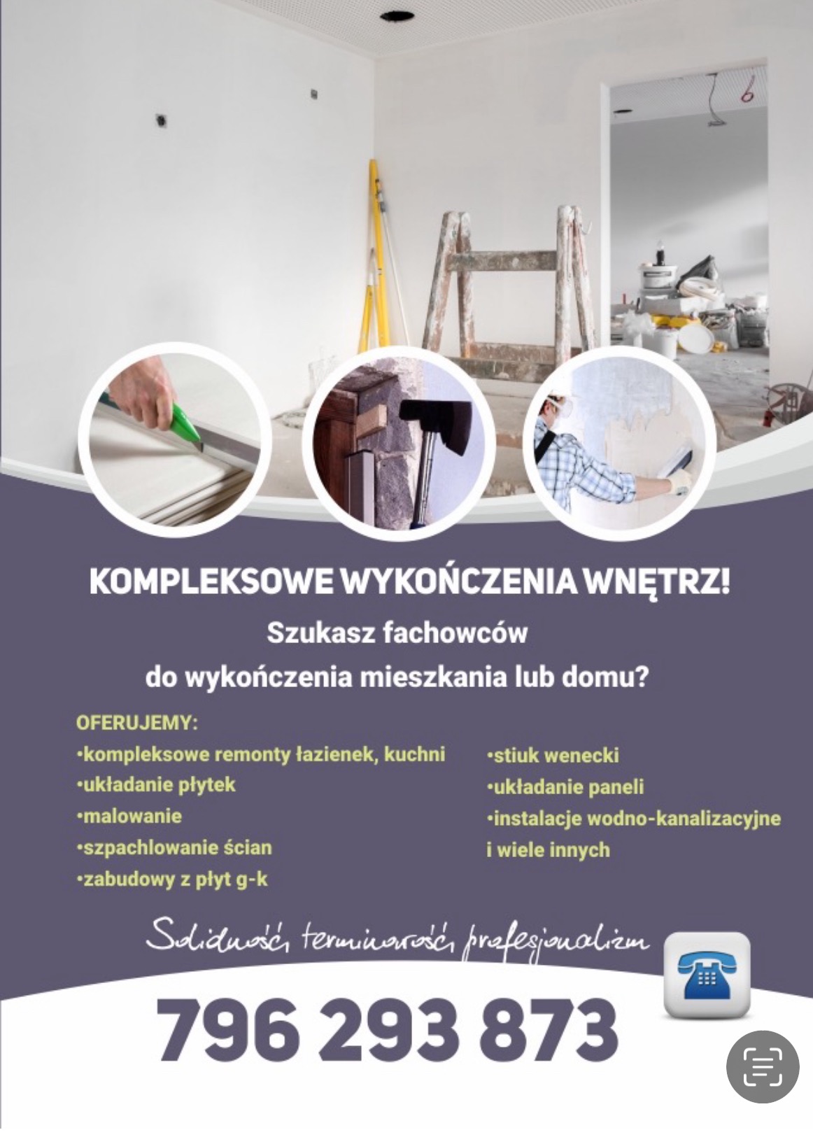 Kompleksowe wykończenia wnętrz: remonty łazienek, kuchni, układanie płytek, malowanie, szpachlowanie ścian, zabudowy z płyt g-k, stiuk wenecki, układanie paneli.