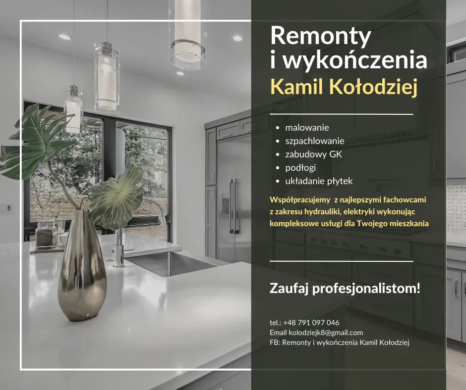 Nowoczesna kuchnia po remoncie: biały blat, srebrna armatura, szare szafki, roślina w wazonie. Widok na okno i oświetlenie sufitowe. Minimalistyczny design.