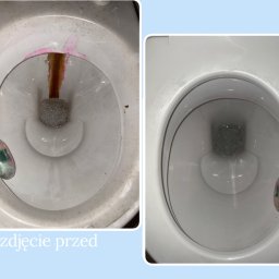 Usługi sprzątające - Toaleta przed i po czyszczeniu: widoczne osady usunięte, wnętrze muszli lśniące, kostka toaletowa pozostaje w obu ujęciach. Porównanie skuteczności sprzątania.