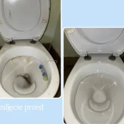 Toaleta: widok z g&oacute;ry przed i po czyszczeniu. Po lewej zabrudzona muszla, po prawej lśniąca czystością. Widoczne detale armatury i otoczenia.