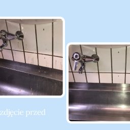 Usługi sprzątające - Zlewozmywak ze stali nierdzewnej przed i po czyszczeniu, widoczne plamy i zabrudzenia na kafelkach i armaturze, kontrastujące z lśniącą powierzchnią po umyciu.