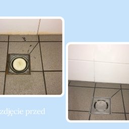 Usługi sprzątające - Kafelki podłogowe: widok przed i po czyszczeniu odpływu liniowego. Po lewej brudny odpływ, po prawej czysty, błyszczący odpływ. Prezentacja efektu.