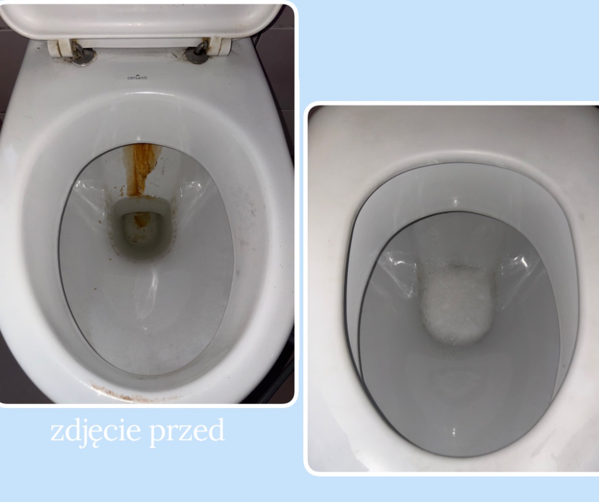Toaleta przed i po czyszczeniu. Po lewej: zabrudzona muszla z osadami. Po prawej: czysta, lśniąca toaleta po zabiegu czyszczenia.