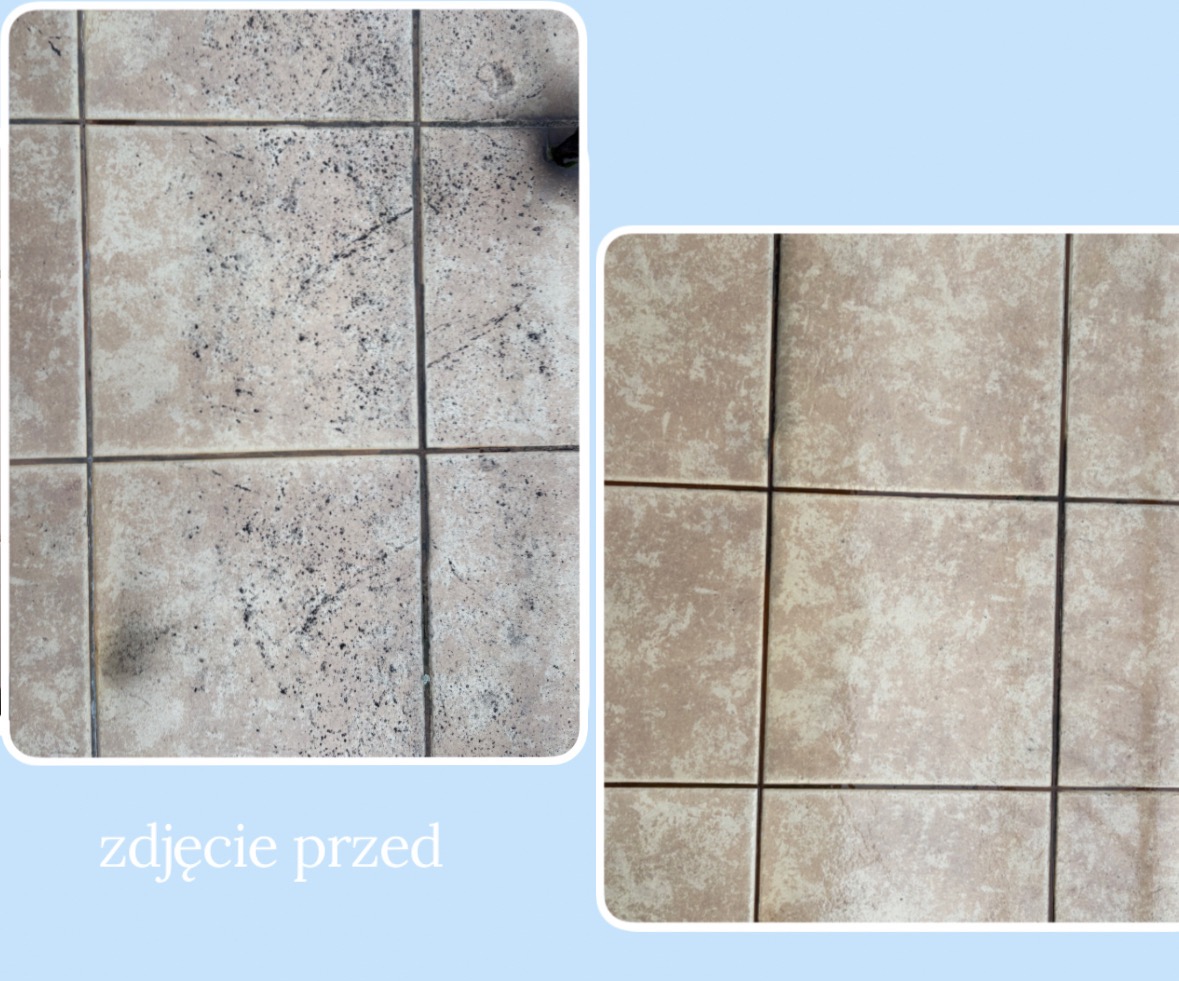Kafelki podłogowe: porównanie stanu przed i po czyszczeniu. Po lewej silne zabrudzenia, po prawej czyste fugi i płytki w odcieniach beżu.
