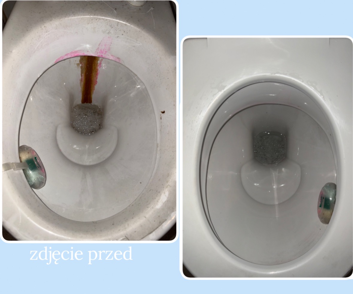 Toaleta przed i po czyszczeniu: widoczne osady usunięte, wnętrze muszli lśniące, kostka toaletowa pozostaje w obu ujęciach. Porównanie skuteczności sprzątania.